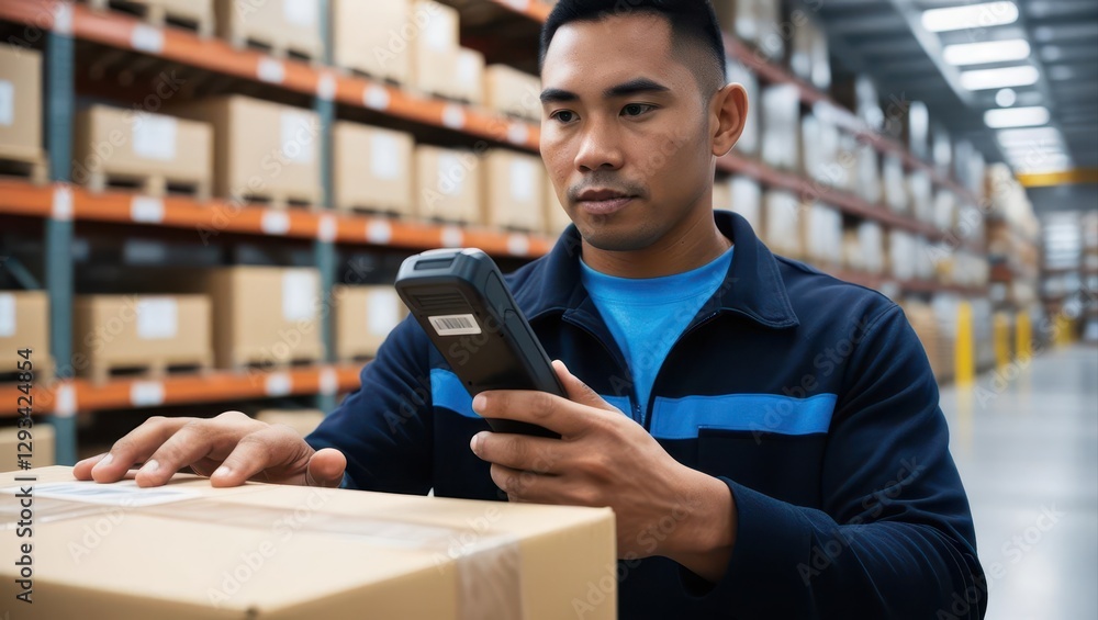 Poster a warehouse worker scans a package using a handheld device, surrounded by shelves filled with cardbo