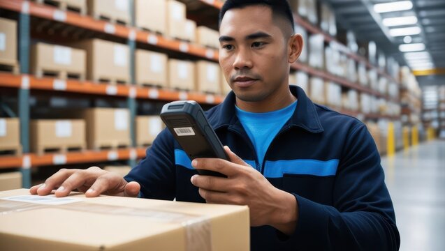 A warehouse worker scans a package using a handheld device, surrounded by shelves filled with cardboard boxes.