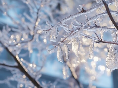 Glimmering Ice-coated Branches in Winter Landscape with Bokeh Effect - Powered by Adobe