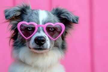 A Playful Medium-Sized Dog Wearing Heart-Shaped Sunglasses Against a Bright Pink Background, Radiating Charm and Joy