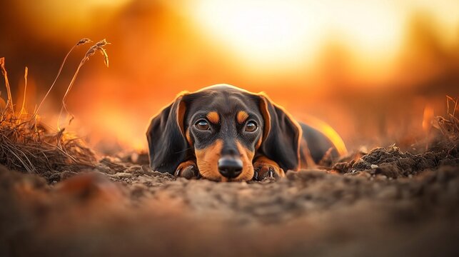 Czarny jamnik leżący na ziemi podczas zachodu słońca