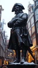 Fototapeta premium Bronze statue of a historical figure in period clothing, arms crossed, sword at side, standing on a pedestal in a snowy city street.