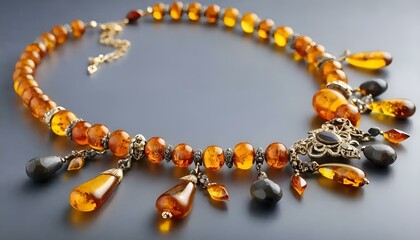 Elegant amber necklace with intricate pendant and bead design on dark background, luxurious jewelry concept