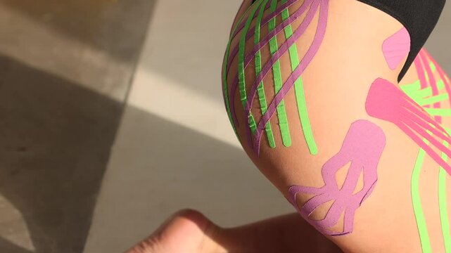 Cosmetology kinesio tapes on young woman body. Body care modern treatment for tighten skin muscle tissue and improve blood circulation. Anti-cellulite procedure in beauty center