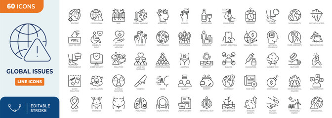 Global issues icon set. Containing icons related to global issues, Social issue, problems, and more. Outline Icon Collection. Vector illustration. Editable stroke