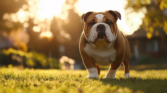 Dostojny buldog stojący na trawie o zachodzie słońca