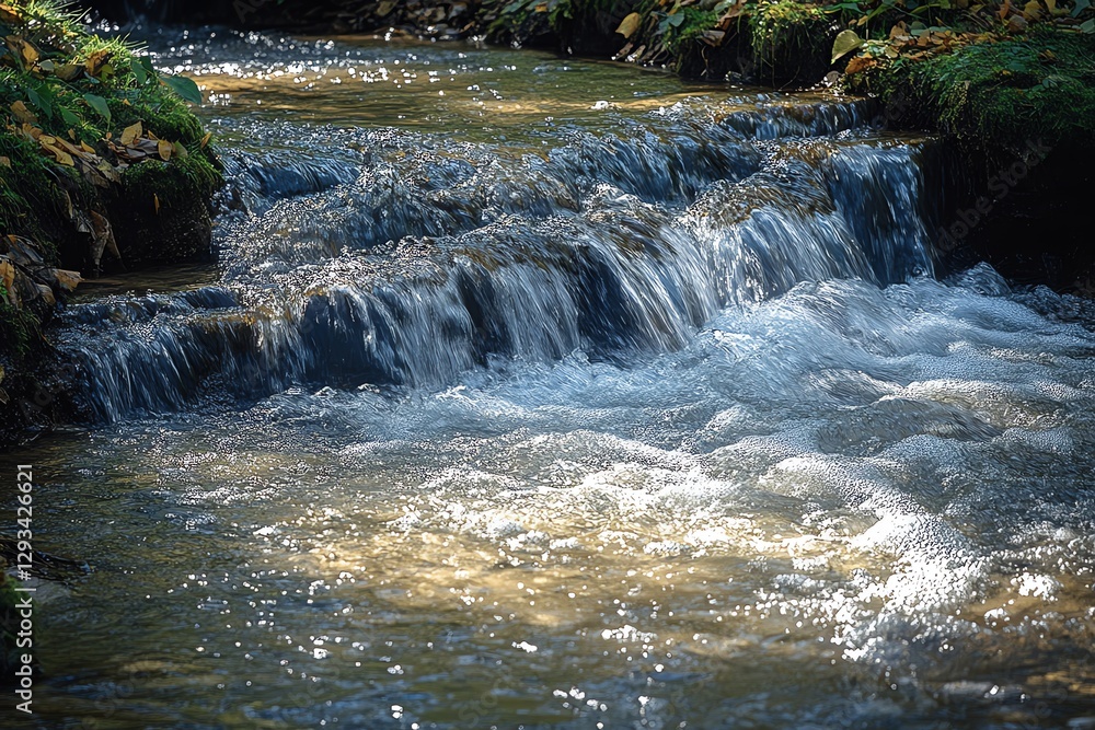 Poster cascading waterfall stream flowing through forest with sunlight and moss