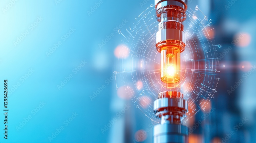 Poster abstract image of a glowing orange core within a metallic, cylindrical mechanism, surrounded by a ne