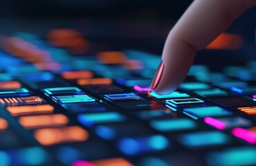 Naklejka premium marketing automation lead customer concept. Illuminated keyboard with a finger pressing a key.