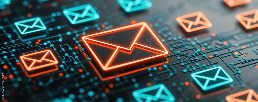 Poster marketing automation lead customer concept. digital email icons on a circuit board background glowin