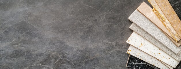 Black and white wooden samples highlight various textures ideal for interior design, featuring terrazzo, marble, and granite materials