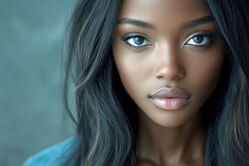 Fototapeta premium Commercial ad idea. Long trim - highlighted hair. Pretty calm black girl - for ads, ad page and social networks use. Black elegance concepts. Long hair beauty. Long hair fashion. Black beau.
