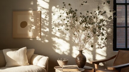 A neutral-toned living room with a tall vase of dried eucalyptus branches.