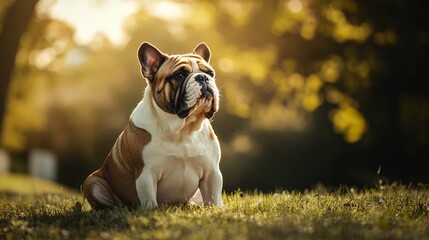 Buldog siedzący na łące w złotym świetle