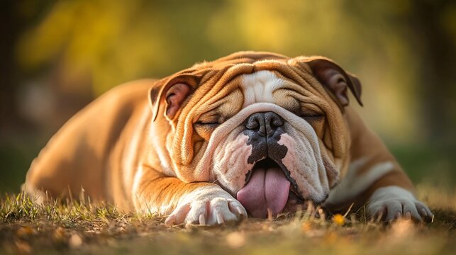 Śpiący buldog odpoczywa na trawie