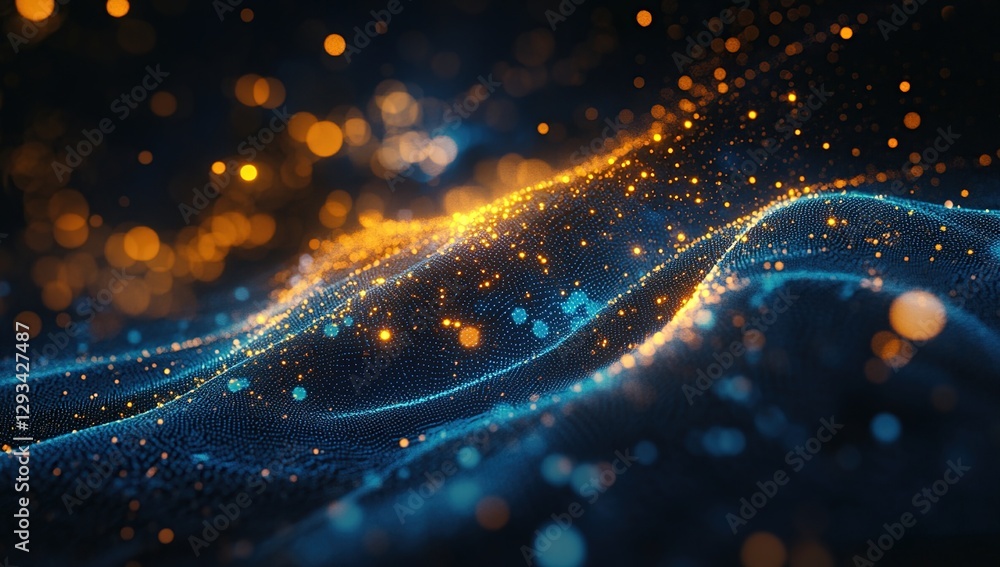 Poster abstract particle waves flow dynamically in vibrant hues, creating a mesmerizing digital landscape.