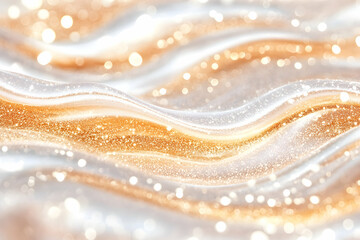 Abstract liquid texture, golden and white.  Shiny cosmetic product.  Background blurred waves.  Possible use for product promotion