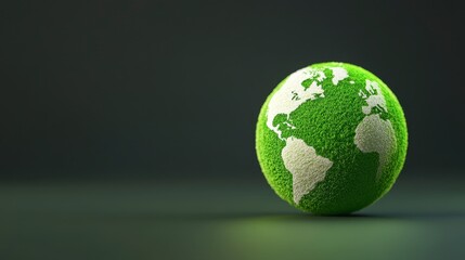 Fototapeta premium Green globe with continents outlined in white, sitting on a dark gray surface. 3D rendered image promoting environmental themes