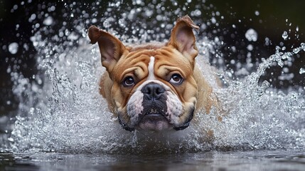 Buldog wbiega do wody, rozpryskując krople