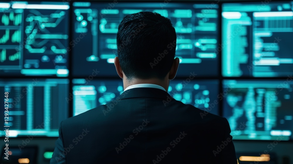Poster marketing automation lead customer concept. professional in suit observes data on multiple digital s