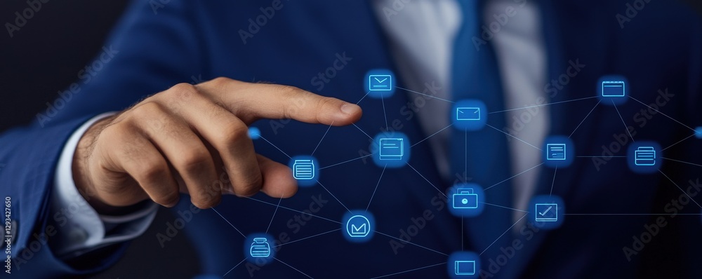 Poster marketing automation lead customer concept. person in a suit interacts with digital icons on a virtu