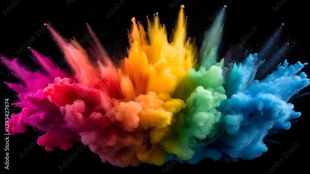 Poster a vibrant explosion of colorful powder creating a dynamic, abstract visual effect against a black ba