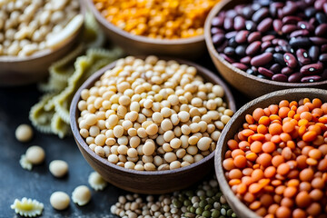 Fototapeta premium Assortment of healthy dried legumes and pasta displayed in wooden bowls, showcasing a vibrant and nutritious food arrangement