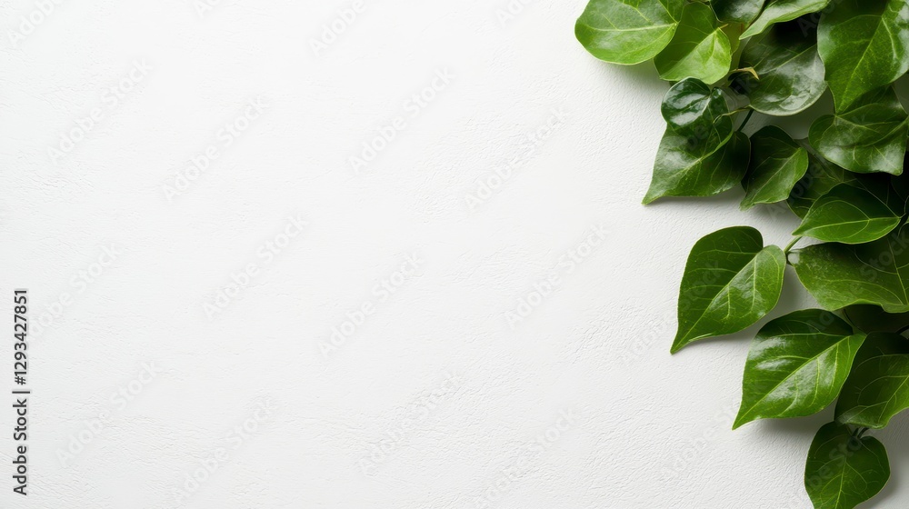 Poster vibrant green leaves arranged on a white textured background, creating a fresh and natural border. i