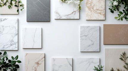 Flat lay displays a curated palette of beige and brown interior materials alongside natural greenery on a white backdrop