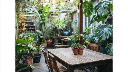 A relaxing outdoor patio with potted monstera and pothos plants.