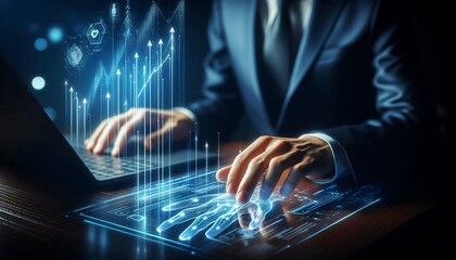  Businessman Using Futuristic Digital Tablet – Innovation, Technology & Data Analytics.