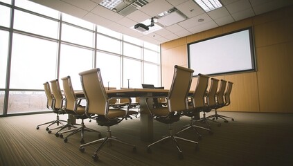 Modern Conference Room:  Chairs Around Table with Projector and Screen,  Ideal for Meetings and Presentations