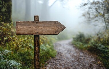 Wooden signpost points the way through misty forest path