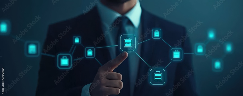 Poster marketing automation lead customer concept. businessman interacting with digital data interface in d