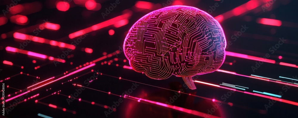 Poster marketing automation lead customer concept. digital brain with neon lights and circuits on a futuris