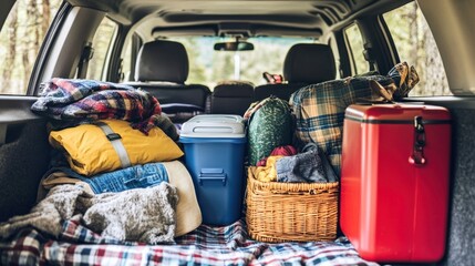 Packed car trunk with camping gear, a cooler, and a picnic basket, symbolizing a road trip departure