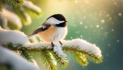 Obraz premium Vibrant Red Cardinal on a Snowy Branch – Winter Wonderland with Glowing Lights.