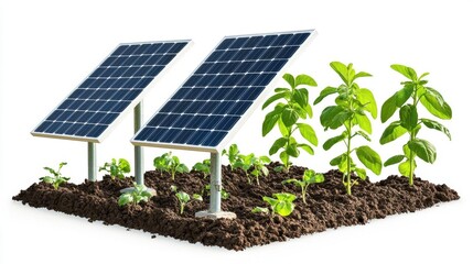 Fototapeta premium Solar panels with green plants, renewable energy concept, isolated background.