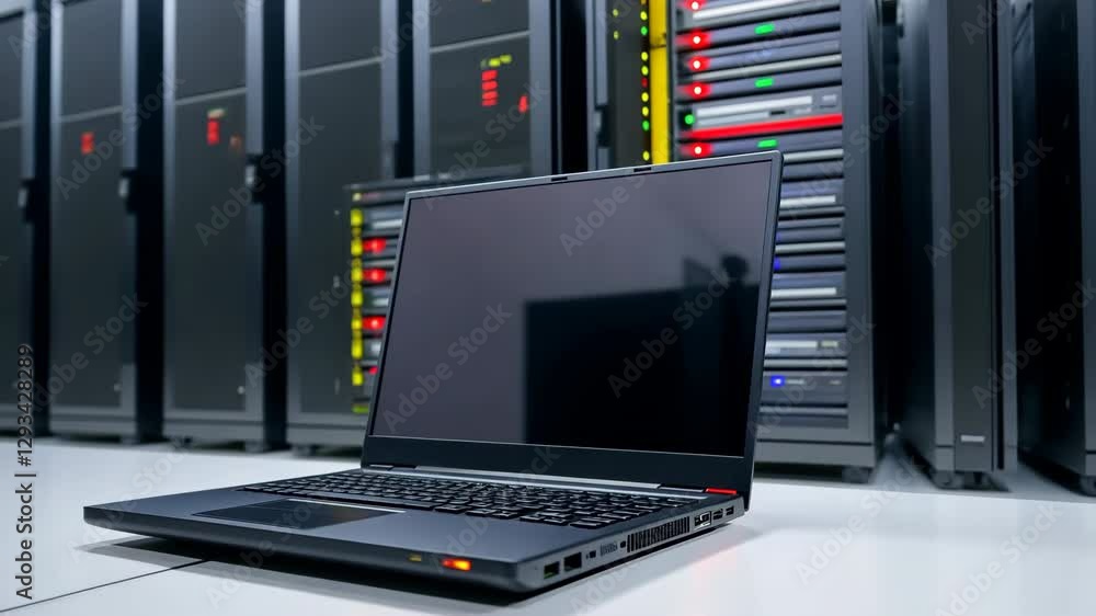 Poster a laptop is placed on a table in front of a row of servers
