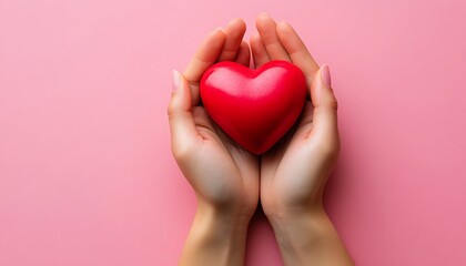 Fototapeta premium Hands holding heart, pink background