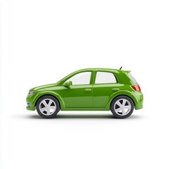 Green subcompact car, side profile view, isolated on white background. Clean lines, simple design, studio lighting