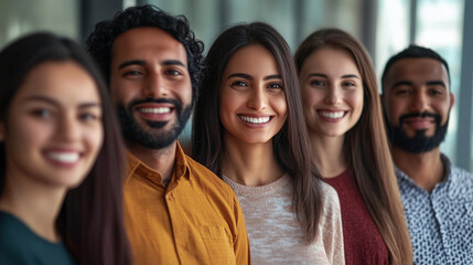 Close-up portrait of smiling people from different ethnicities standing side by side in an office setting, looking at the camera with determination and confidence. 