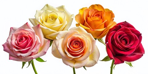 Fototapeta premium Vibrant Red, Yellow, Cream, White & Pink Rose Bouquet Isolated on White Background
