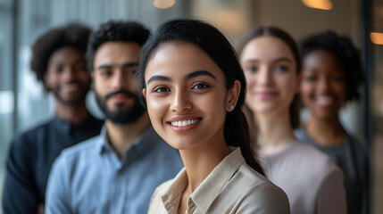 Close-up portrait of smiling people from different ethnicities standing side by side in an office setting, looking at the camera with determination and confidence. 