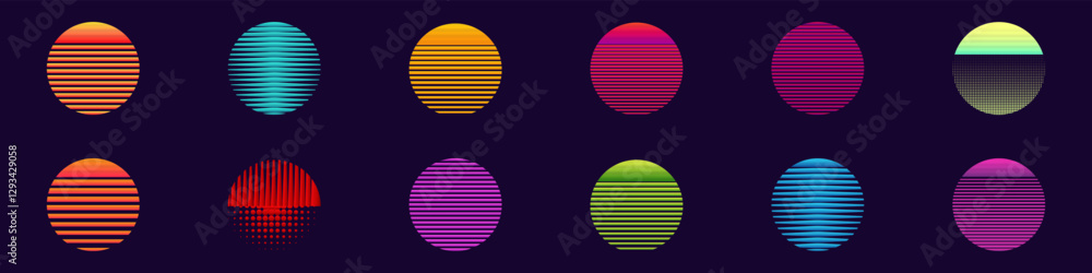 Poster a collection of vibrant ovals each featuring unique striped patterns and glowing neon gradients, cre