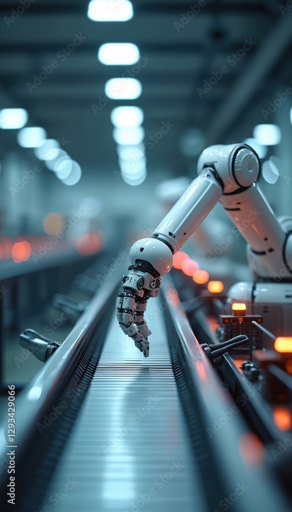 Poster robotic arm on factory assembly line. automation in industrial manufacturing. tech production with m