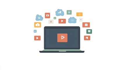 A sleek laptop surrounded by floating cloud-based application icons.