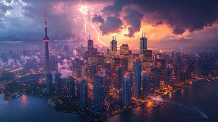 Fototapeta premium A futuristic city bathed in vibrant purple and orange lights against a cloudy midnight sky. Sleek, illuminated skyscrapers pierce through the shadows, crafting an otherworldly metropolis beneath a sta
