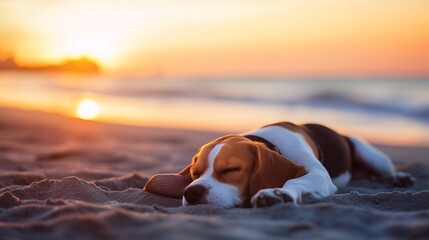 Naklejka premium Beagle śpiący na piaszczystej plaży o zachodzie słońca