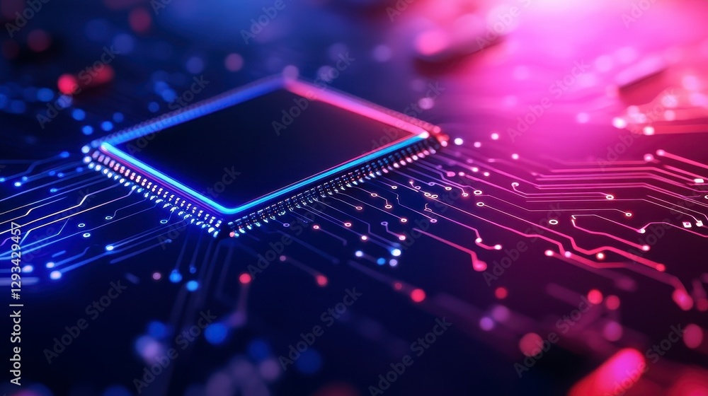 Aufkleber close up view of a computer processor chip on a circuit board, illuminated with pink and blue neon l